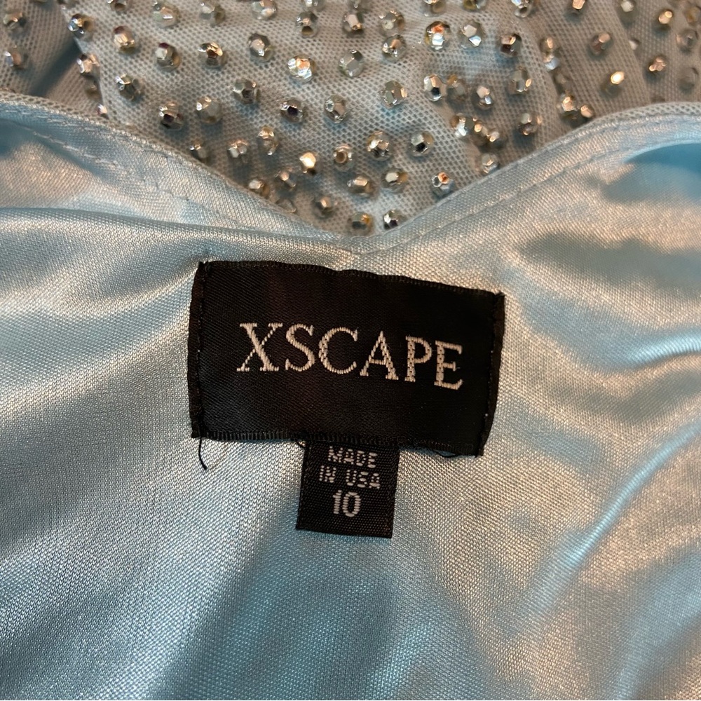 Xscape Light Blue Silver Metallic Beaded Cocktail Mini Dress Draped Size 10 - Picture 14 of 15